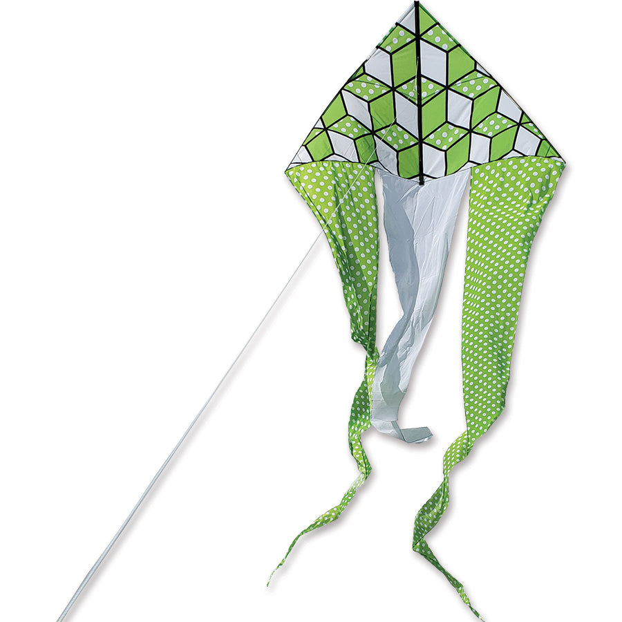 6.5 ft. Flo-Tail Delta Kite in vibrant green, featuring long flowing tails, soaring against a blue sky, perfect for outdoor fun.