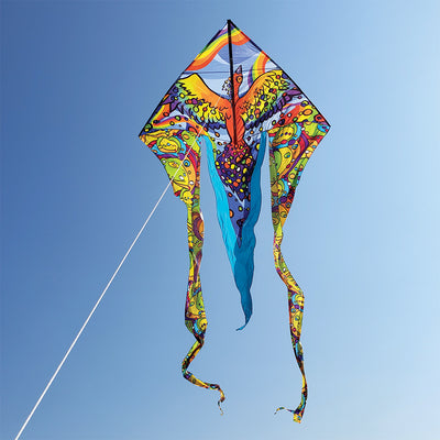 6.5 ft. Flo-Tail Delta Kite with rainbow bird design flying high against a clear blue sky, showcasing colorful flowing tails.