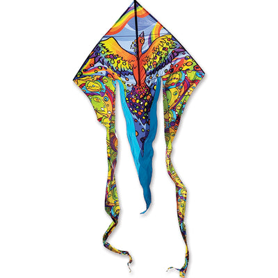 6.5 ft. Flo-Tail Delta Kite with rainbow bird design flying high against a clear blue sky, showcasing colorful flowing tails.