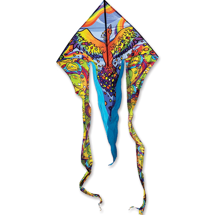 6.5 ft. Flo-Tail Delta Kite with rainbow bird design flying high against a clear blue sky, showcasing colorful flowing tails.