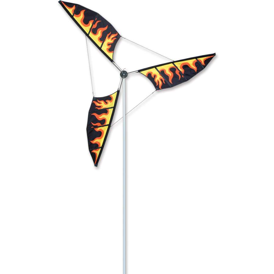 6.5 ft. Wind Generator showcasing vibrant flames, elegantly rotating on a sturdy aluminum mast in an outdoor garden setting.