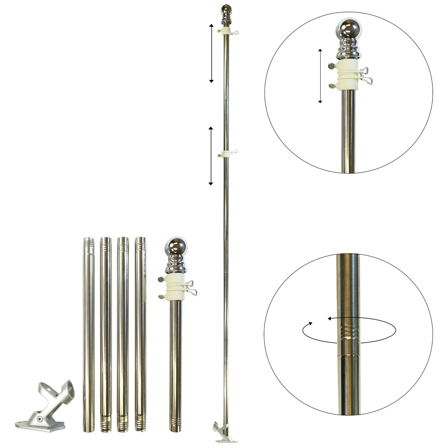 6-foot 5-section grommet flag pole and bracket, detailed view showcasing easy assembly and sturdy metal construction for flag display.