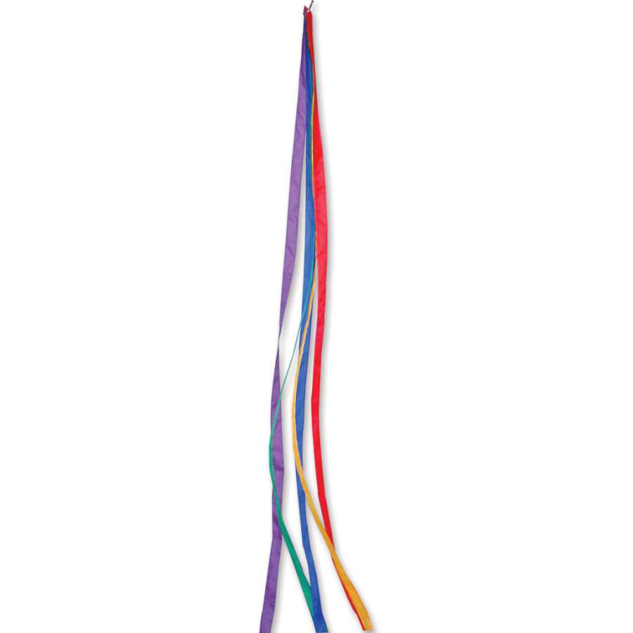 6 ft. 5 Ply Rainbow Streamers made of ripstop nylon fluttering in the wind, brightly colored and attached to a kite in an outdoor setting.
