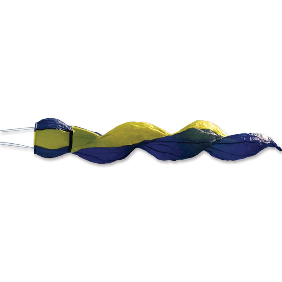 6 ft. Spiral Gyro kite in bright yellow and blue colors soaring in a clear sky, showcasing its vibrant spiral tail design.