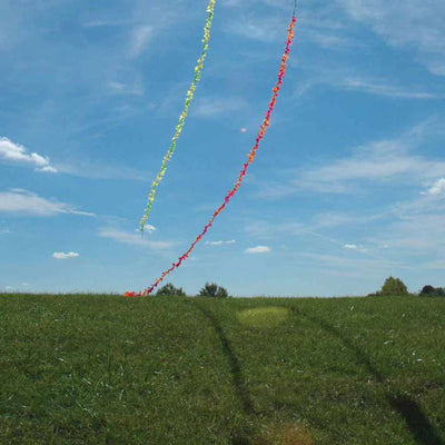 6 in. x 24 ft. Fuzzi Tail in pink gradient, flowing gracefully behind a colorful kite in a clear blue sky.