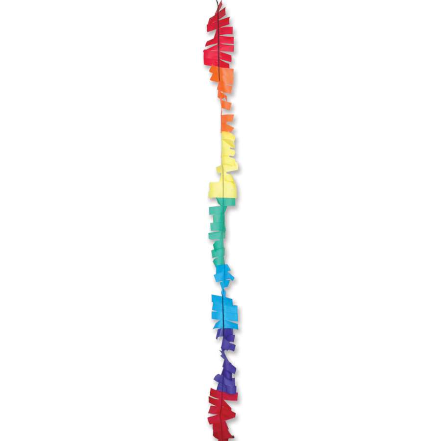 6 in. x 24 ft. Rainbow Fuzzi Tail waving in the wind, enhancing the vibrant display of a kite against a blue sky.