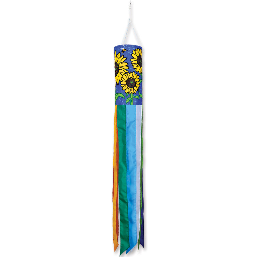 60-inch embroidered applique windsock featuring bees and sunflower, fluttering gracefully in a garden setting, showcasing vibrant colors and detail.