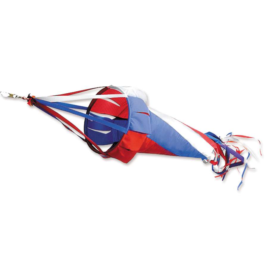 60 in. Spinsock spinning in the wind, showcasing vibrant patriotic colors, displayed on a windsock pole in a garden setting.
