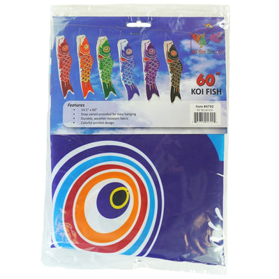 60-inch Blue Koi windsock hangs gracefully outdoors, featuring colorful koi fish design, enhancing garden decor with vivid hues.