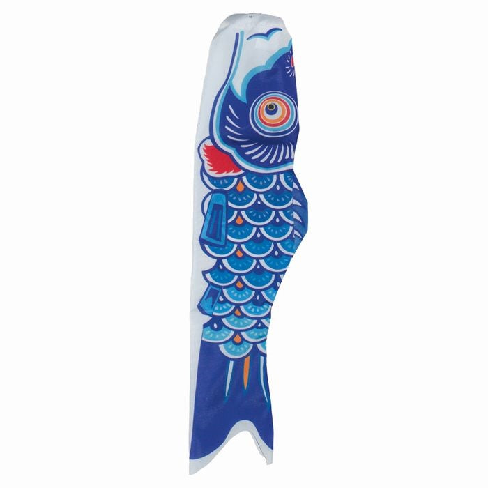 60-inch Blue Koi windsock hangs gracefully outdoors, featuring colorful koi fish design, enhancing garden decor with vivid hues.