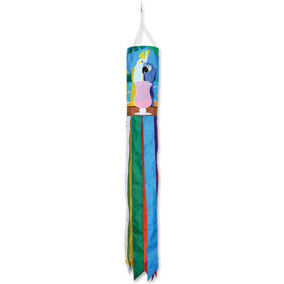 Colorful 60-inch embroidered applique windsock with '5 O'Clock Somewhere' design displayed outdoors, fluttering gently in the breeze.