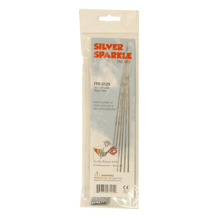 Set of six 60" Silver Sparkle Tails made from durable Mylar, displaying shimmering silver in bright sunlight, enhancing kite flying.