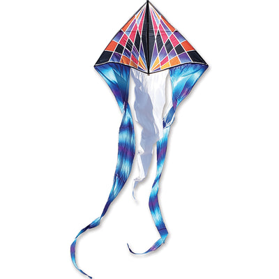 6.5 ft. Flo-Tail Delta Kite with gradient check design soaring high against a clear blue sky, featuring flowing 24-foot tails that catch the wind beautifully.