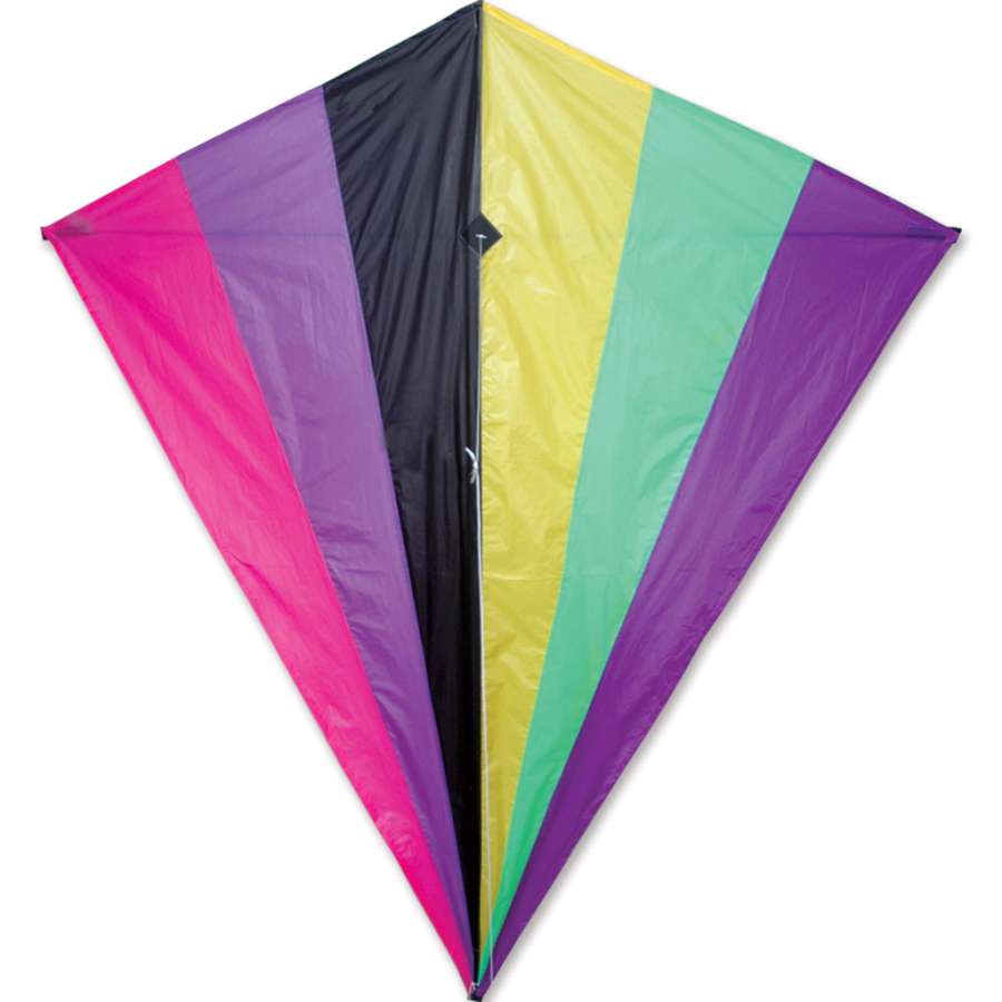 A vibrant 65-inch neon diamond kite flying against a blue sky, showcasing its ripstop polyester fabric and Velcro tensioning design.