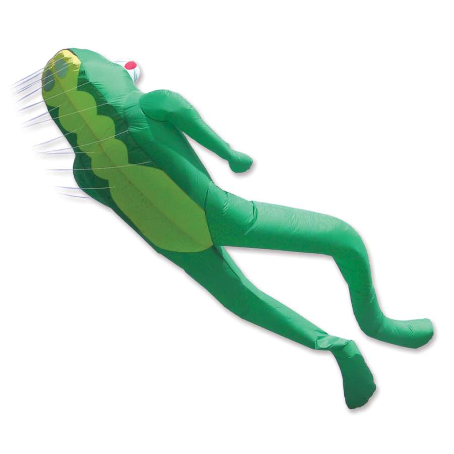 7.1 m Le Frog Kite featuring a vibrant frog design, soaring in a clear blue sky during an outdoor flying session.