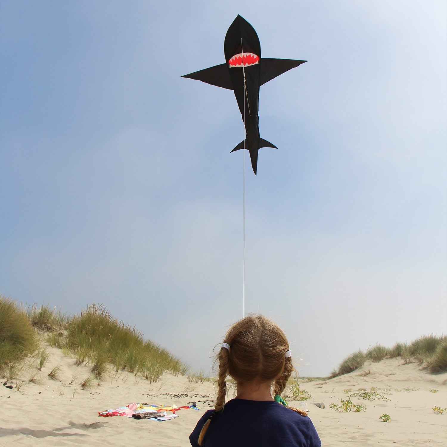 7.5' 3D Shark Kite, large and vibrant black shark design, flying in the sky with realistic 3D features, perfect for family fun outdoors.