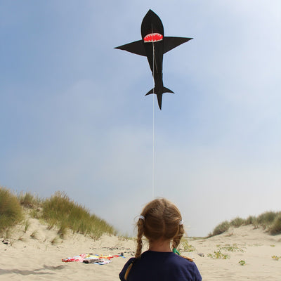 7.5' 3D Shark Kite, large and vibrant black shark design, flying in the sky with realistic 3D features, perfect for family fun outdoors.