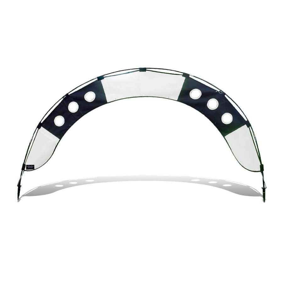 7.5 ft. Arch FPV Racing Air Gate in white and black, featuring a 7.5 ft. fly-through opening and heavy-duty fiberglass frame, set up in an outdoor racing environment.