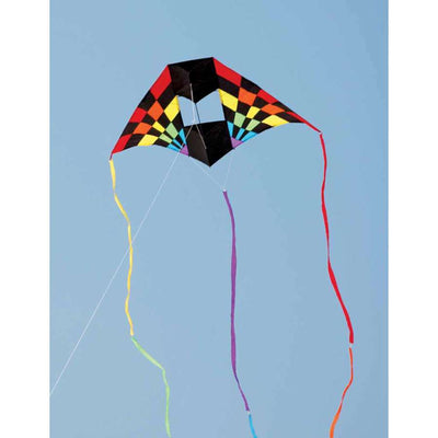 7.5 ft. Box Delta Kite - Rainbow Ray flying high against a clear blue sky, showcasing its colorful design and box structure.