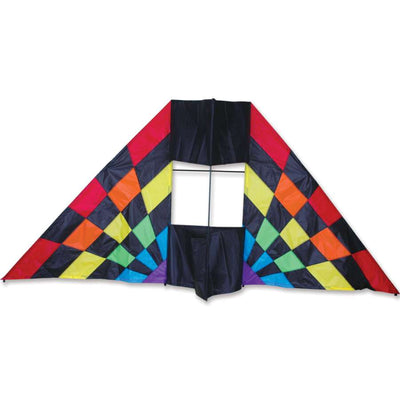 7.5 ft. Box Delta Kite - Rainbow Ray flying high against a clear blue sky, showcasing its colorful design and box structure.