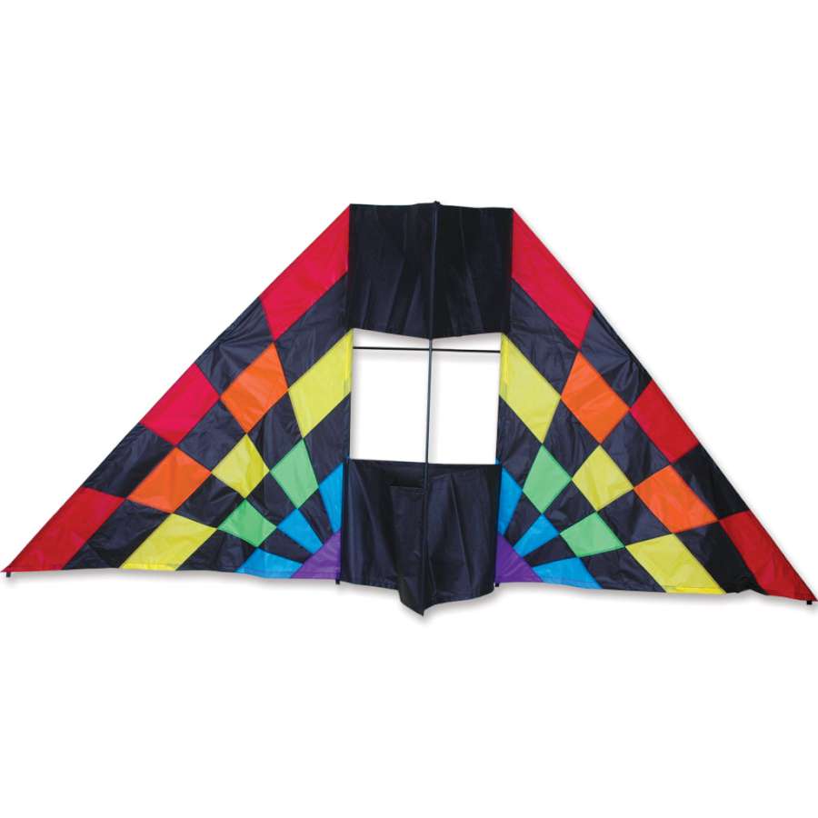7.5 ft. Box Delta Kite - Rainbow Ray flying high against a clear blue sky, showcasing its colorful design and box structure.