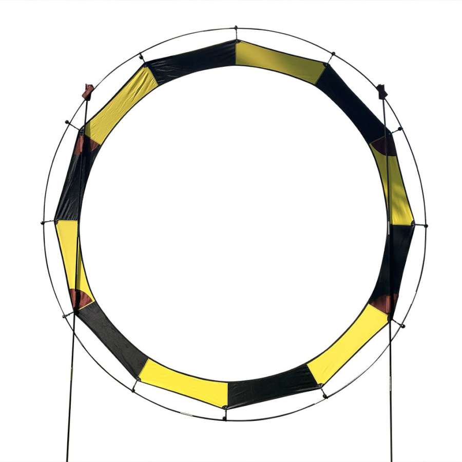 7.5 ft. Keyhole FPV Racing Air Gate featuring durable yellow and black fabric, set up outdoors for drone racing challenges.