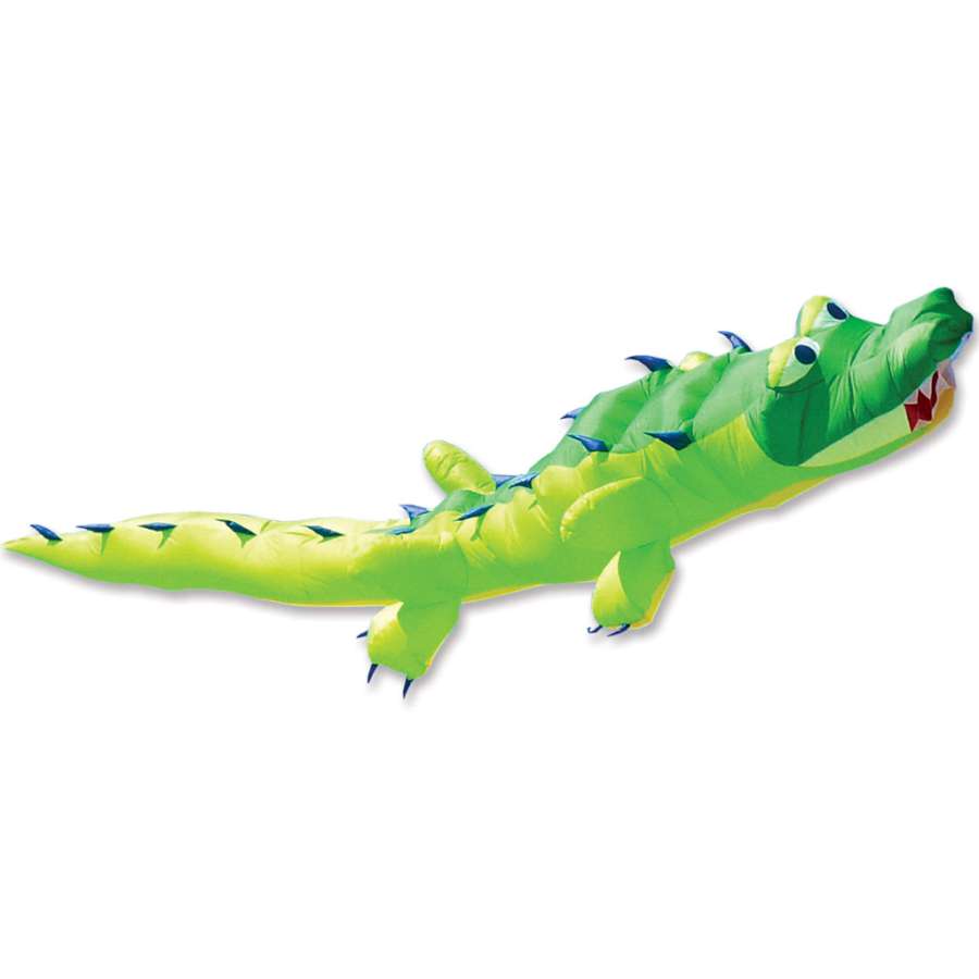 7.5m Alligator Kite designed by Bernard Dingwert, soaring against a blue sky, showcasing its vibrant colors and playful shape.