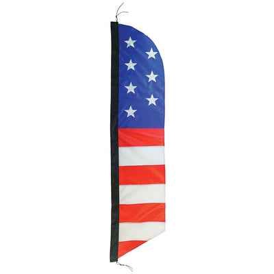 7-foot Embroidered Stars & Stripes Feather Banner featuring bold colors and embroidered stars displayed prominently outdoors at an event.