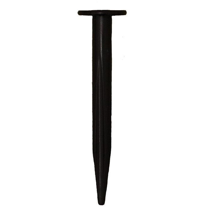 7-inch ground stake designed for garden spinners, made of heavy-duty plastic, firmly inserted in garden soil with a colorful spinner above.