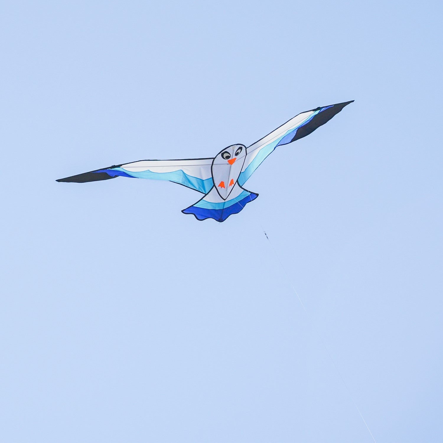 70-inch Blue Seabird Kite featuring a vibrant design and felt details soaring against a clear sky, ideal for outdoor flying adventures.