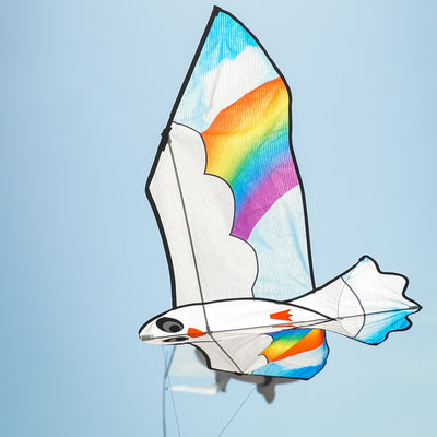 70-Inch Peace Seabird Kite soaring in the sky with a colorful design, showcasing a whimsical seabird and felt details.