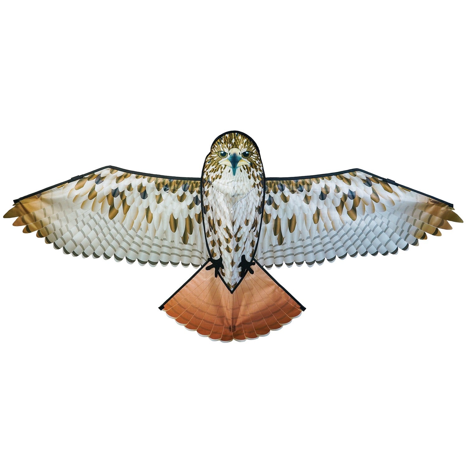The 70" Red-Tailed Hawk Kite features a stunning design of a red-tailed hawk soaring above, meticulously crafted for realism, perfect for outdoor fun.