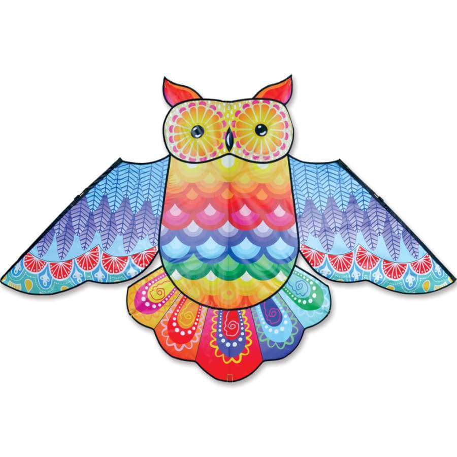 70 inch Rainbow Owl kite with vibrant feather print, ripstop sail, fiberglass frame, and 300 ft. line. Includes vinyl case with full-color header.