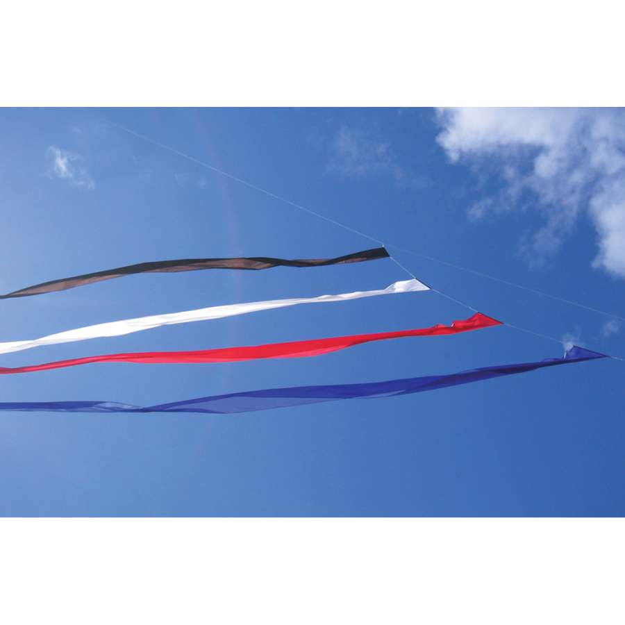 75 ft. white banner tail attached to a colorful kite flying high against a clear blue sky, perfect for outdoor activities.