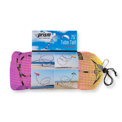 Plasma tube tail with yellow, pink, and purple gradient design, inflating airflow construction, and swivel clip for dynamic kite displays.