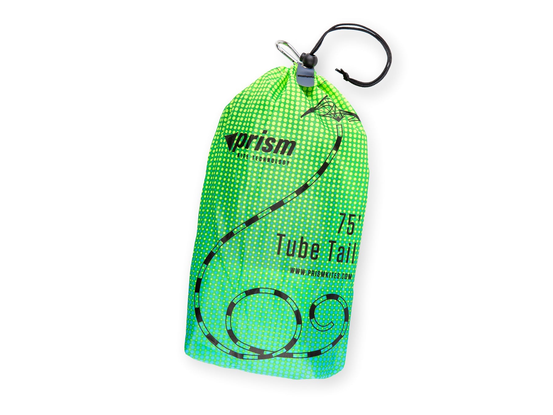 Prism Aurora tube tail with geometric gradient design, inflating tubular construction, and swivel clip for dynamic, flowing kite displays.