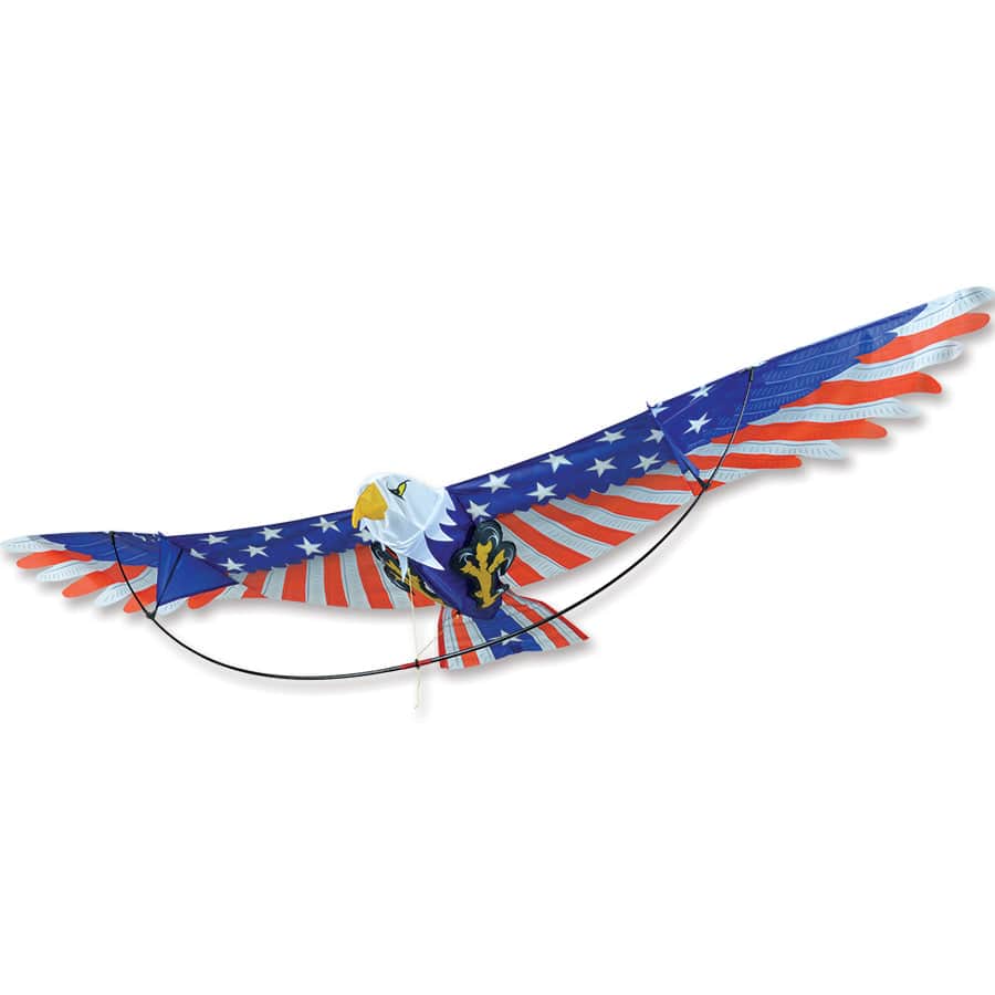 7 ft. Patriotic Eagle kite with 3D structure, American flag wings, ripstop sail, fiberglass frame, and 300 ft. line. Includes fabric case with hang tags.