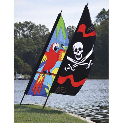 8.5 ft. Feather Banner featuring a vibrant Jolly Roger pirate design, fluttering outdoors in a festive setting.