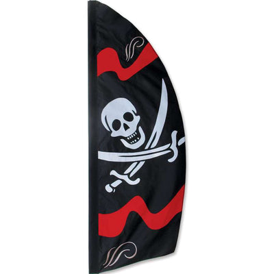 8.5 ft. Feather Banner featuring a vibrant Jolly Roger pirate design, fluttering outdoors in a festive setting.