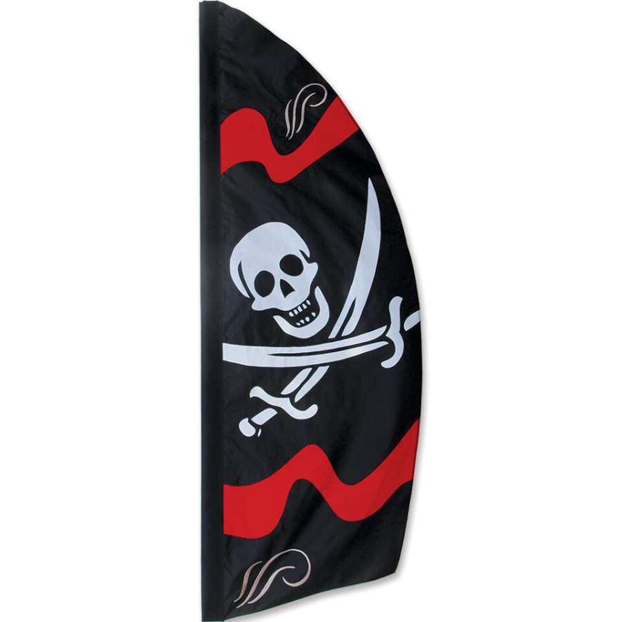 8.5 ft. Feather Banner featuring a vibrant Jolly Roger pirate design, fluttering outdoors in a festive setting.