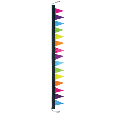 8-foot Fiesta Pennant Banner with 15 colorful triangle pennants hanging in a festive outdoor setting, perfect for celebrations.
