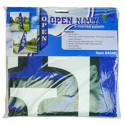 8' Heavy Duty Open Navy Double Sided Feather Banner displayed outdoors, showcasing bold 'OPEN' text designed for visibility and durability.