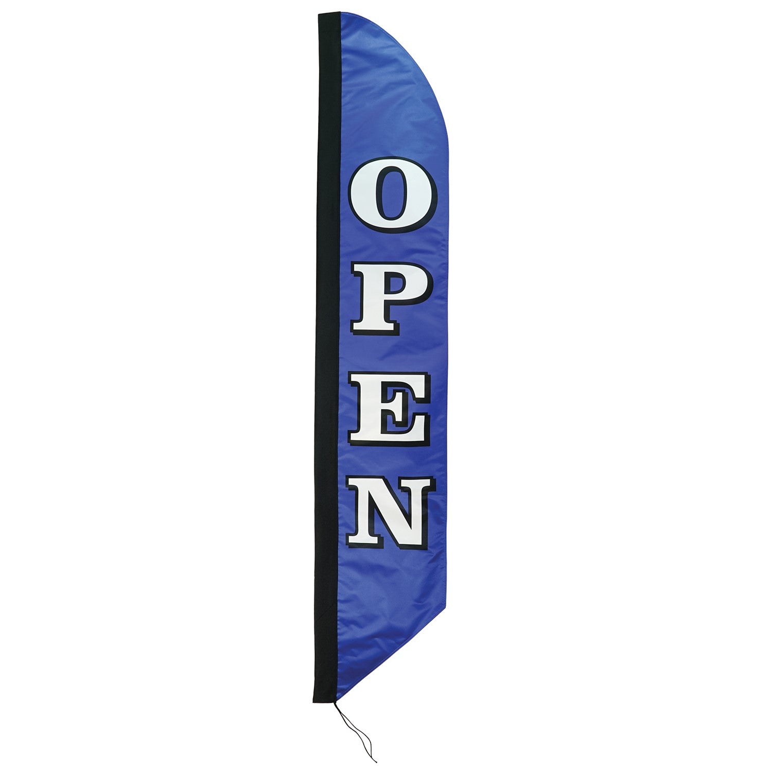 8' Heavy Duty Open Navy Double Sided Feather Banner displayed outdoors, showcasing bold 'OPEN' text designed for visibility and durability.