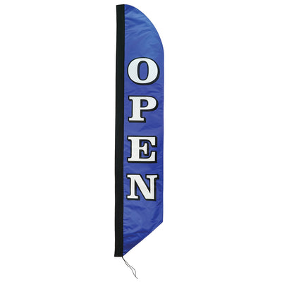 8' Heavy Duty Open Navy Double Sided Feather Banner displayed outdoors, showcasing bold 'OPEN' text designed for visibility and durability.