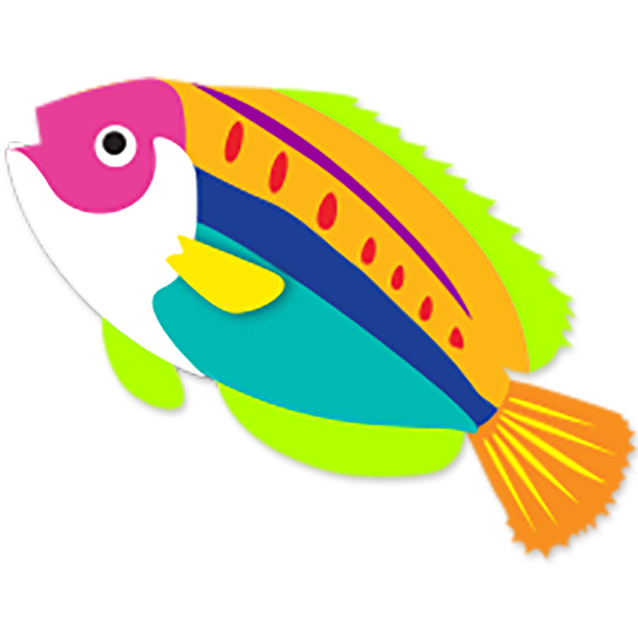 8 ft. Peacock Wrasse Kite designed by Christophe Goy, showcasing vibrant colors and a unique frameless design, soaring in a clear sky.