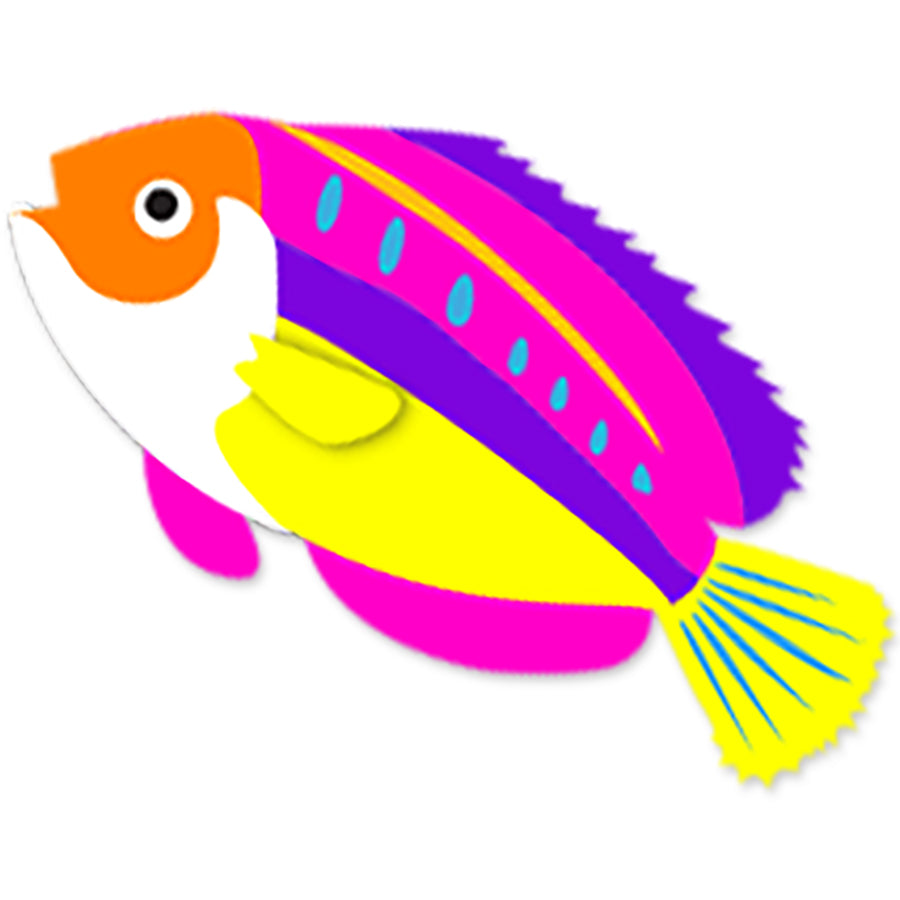 8 ft. Peacock Wrasse Kite in dazzling pink soaring in the sky, showcasing vibrant colors and frameless design against a blue backdrop.