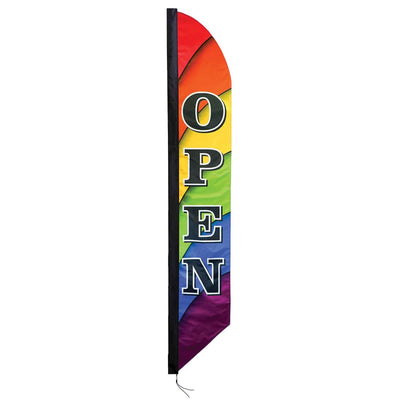 8' Heavy Duty Open Double-Sided Feather Banner displaying a colorful rainbow design outdoors, attracting attention to a storefront.