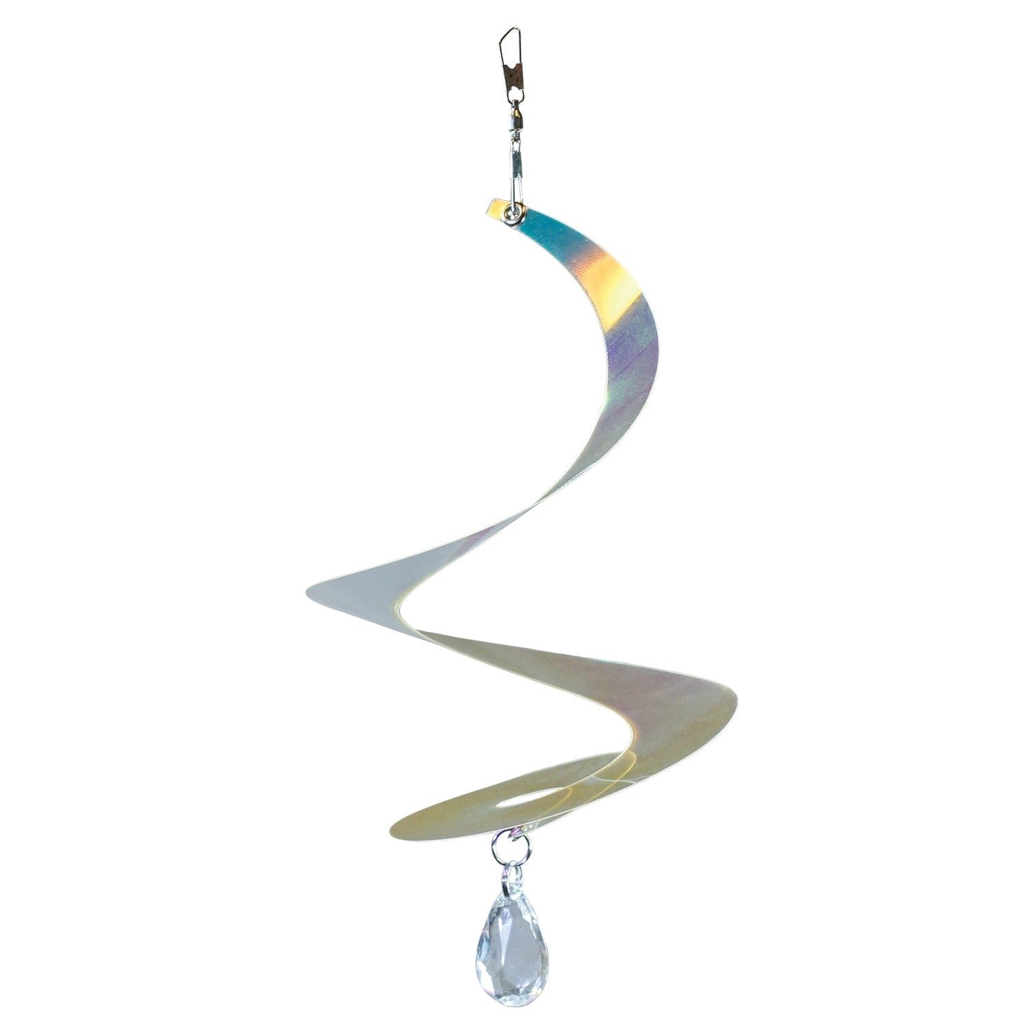 8-inch iridescent tear drop curlie with crystal spinner, shimmering in sunlight, hanging gracefully in an outdoor setting.