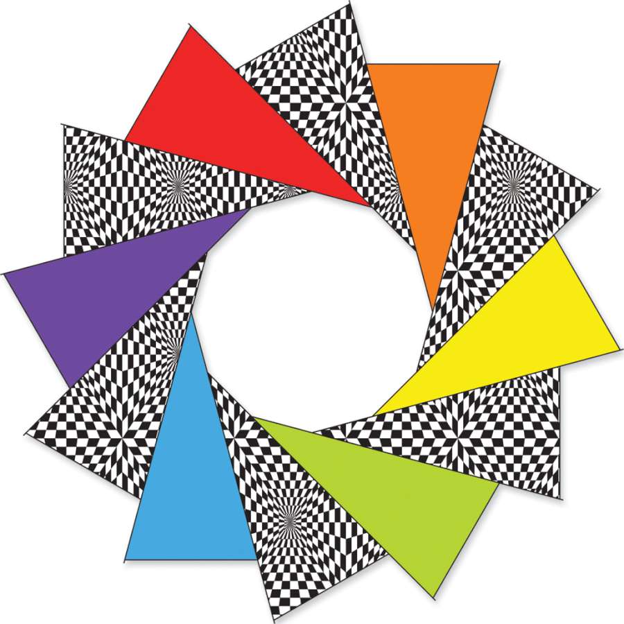80 in. F-Stop Spinner for Kites and Line featuring a colorful Rainbow Op-Art pattern displayed outdoors, spinning dynamically in the breeze.