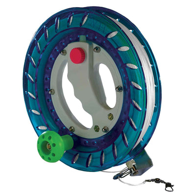 80 LB x 800' 9-inch blue kite reel with braided line and durable plastic construction, ideal for effortless kite flying.